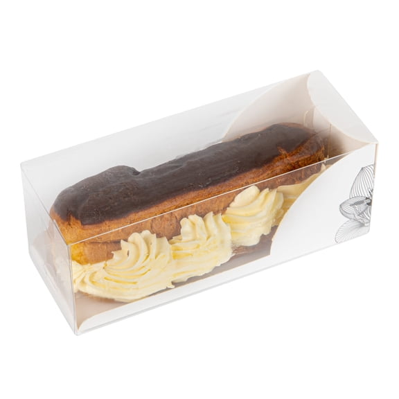 Sweet Vision Rectangle Clear Plastic Eclair Box - Red Paper Sleeve, Flower / Bird Accent - 7" x 2 1/2" x 2 1/2" - 100 count box