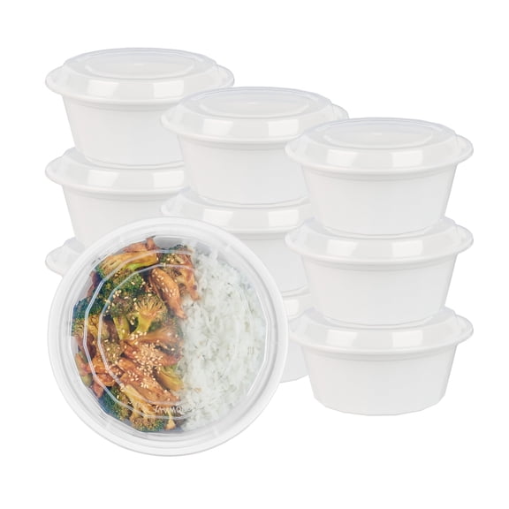 Restaurantware-Asporto 48 Ounce To Go Boxes, 50 Microwavable Take Out Food Containers - Clear Plastic Lids Included, Do Not Contain BPA, White Plastic Catering Food Containers, Disposable, Round