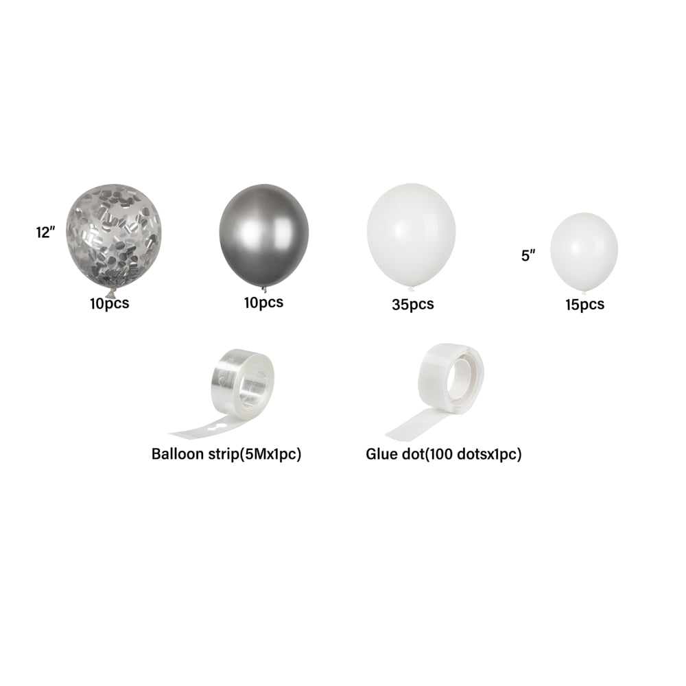 Restaurantware-Balloonify Balloon Garland Set, 1 Party Decoration Kit - 70 Balloons, With Chain, White & Silver Latex Balloon Arch Kit, Includes Glue Dots