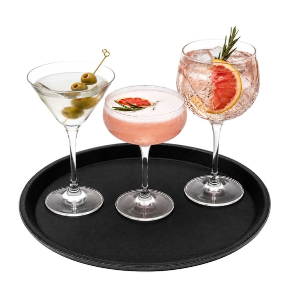 Restaurantware-Bar Lux 16 Inch Serving Tray, 1 Round Server Tray - Non-Slip, Raised Edges, Black Plastic Waiter Tray, For Homes, Bars, Restaurants, or Catered Events, Serve Drinks and Meals