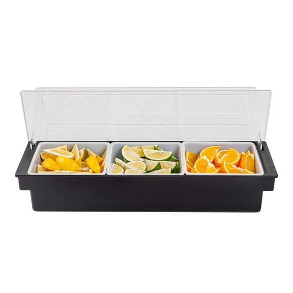 Bar Lux Black Plastic Condiment Caddy - 6 Compartments - 19 1/2" x 6 1/4" x 3 3/4" - 1 count box