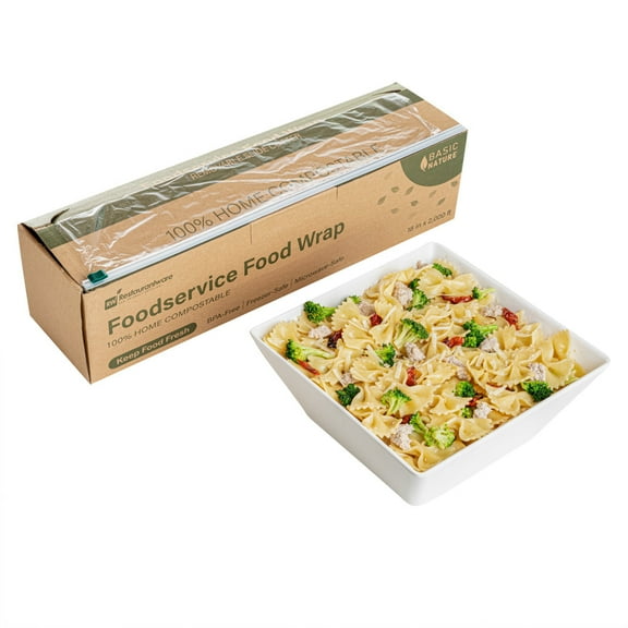 Basic Nature Clear Plastic Foodservice Food Wrap - Home Compostable, BPA-Free, Microwave-Safe - 12" x 2000' - 1 count box