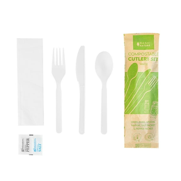 Basic Nature Black PLA Plastic Cutlery Set - with Napkin and Salt / Pepper Packets, Wrapped, Compostable - 6 1/4" - 500 count box