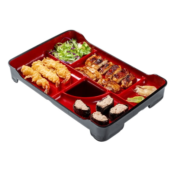 Bento Tek Black and Red Japanese Style Bento Tray - 2 Compartments - 14" x 4 3/4" x 1 3/4" - 1 count box
