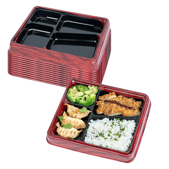 Restaurantware-Bento Tek 39.6 Ounce Meal Prep Containers, 100 Disposable To Go Food Boxes - Lids Sold Separately, 5 Compartments, Black Plastic Bento Lunch Boxes, Microwavable, Freezable