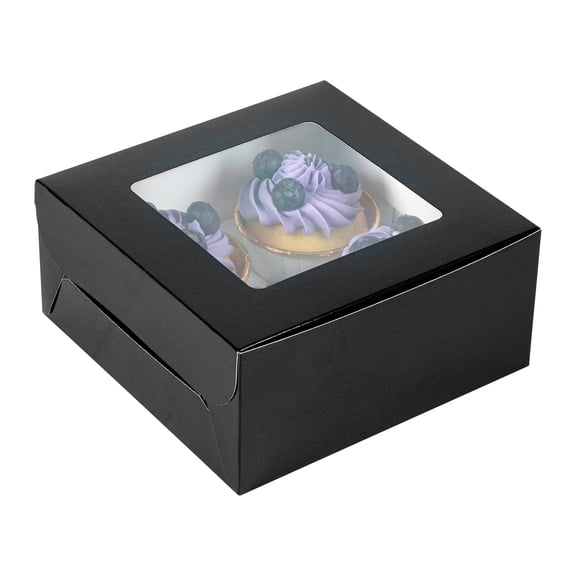 Restaurantware-Cafe Vision 6.3 x 6.3 x 3 Inch Cupcake Gift Boxes, 100 Fits 6 Bakery Boxes - Hinged Lid, Removable Inserts, Black Paper Treat Boxes With Window, For Weddings Or Parties