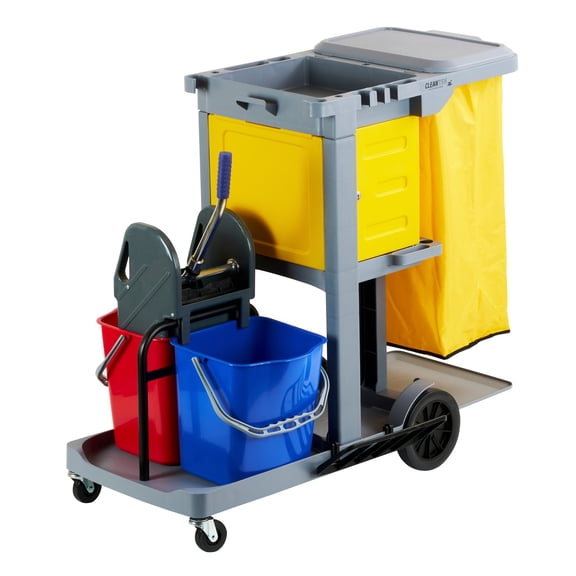 Restaurantware-Clean Tek Professional 3-Shelf Cart With Wheels, 1 Cleaning Trolley With Cover And 18 Gallon Bag - Includes 1 Locking Cabinet, 1 Wringer, And 2 Buckets, Gray Plastic Janitorial Cart