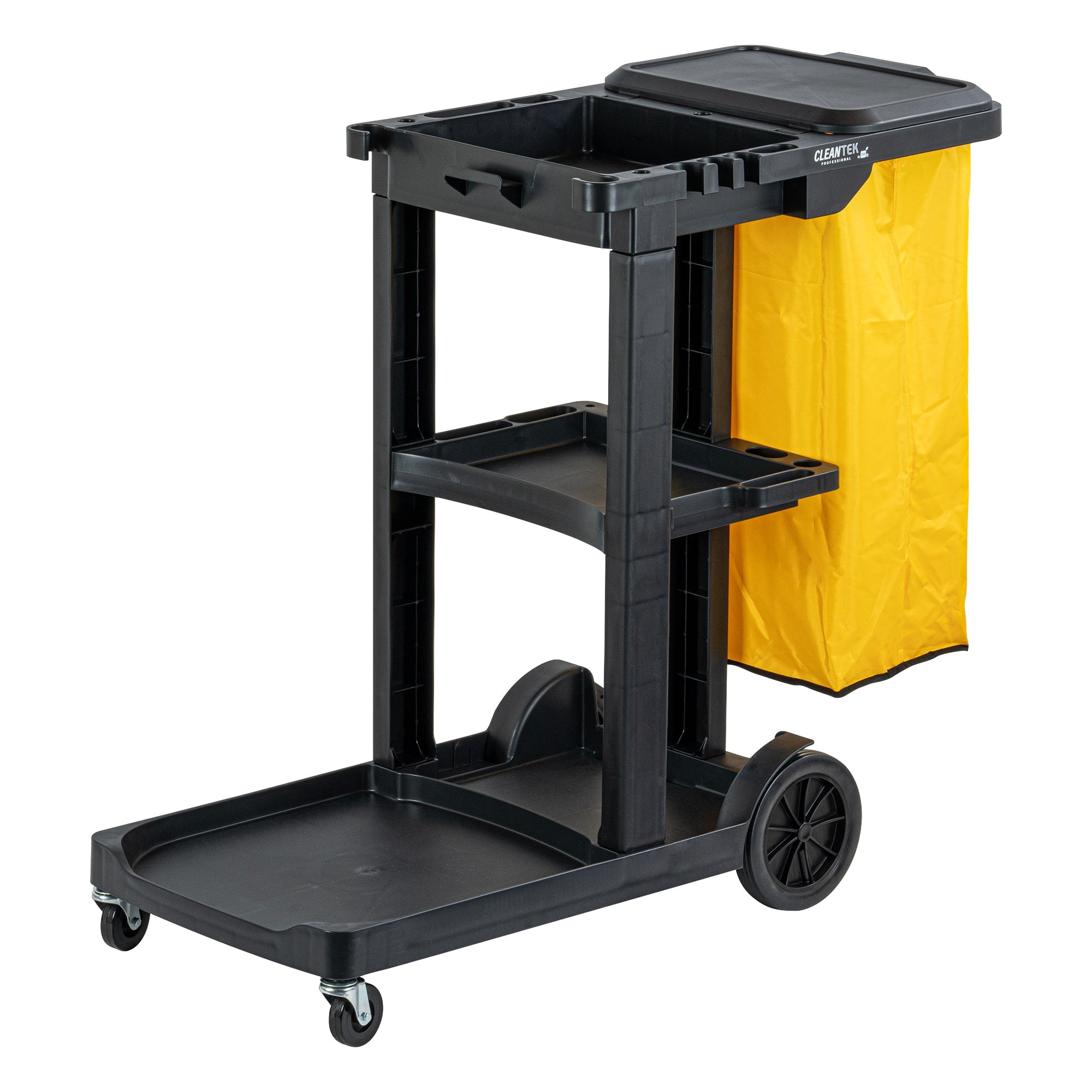 Janitro Box Clean Tek Professional Black 3-Shelf Janitor Cart - 18 gal Bag, Lid ...