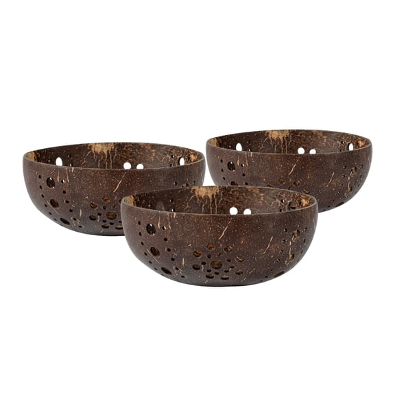 Coco Casa Brown Handmade Coconut Shell Candle Holder - Leaf Pattern - 4" x 4" x 3 1/4" - 10 count box