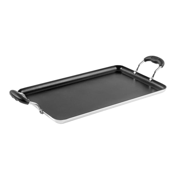 Met Lux Oval Black Carbon Steel Double Burner Griddle - Non-Stick, With Chrome Handles - 17" x 8 3/4" - 10 count box