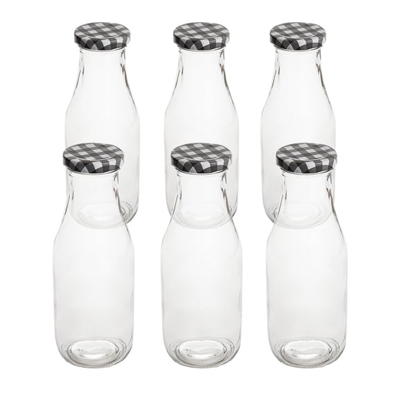 Restaurantware-French Countryside 11 Ounce Glass Bottles, 10 Durable Juice Bottles - With Black Plaid Lid, Dishwashable, Clear Glass Countryside Bottle, For Hot And Cold Beverages
