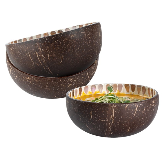 Restaurantware Handmade Coconut Bowls 10 Count 15.84 Ounces Mother of Pearl Inlay Coconut Shell Salad Bowl, Decorative Handcrafted Coconut Shell, Decorative Reusable