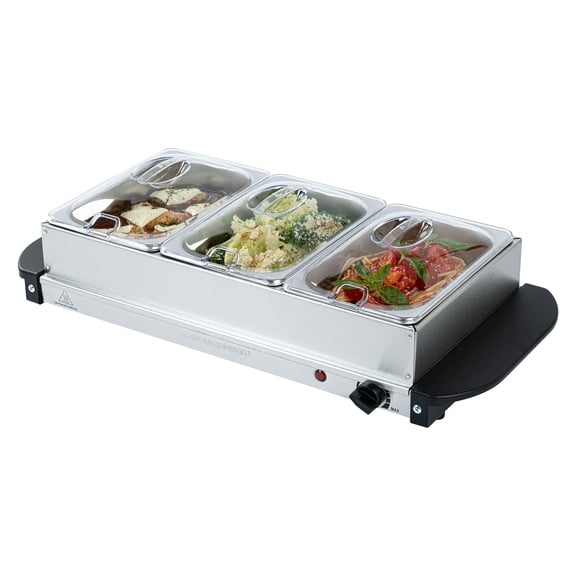 Restaurantware-Kitchen Tek Electric Food Warmer, 1 Buffet Server With Temperature Control - Includes 2 x 1 Quart Buffet Pans And 2 x 2.5 Quart Pans, Portable, Stainless Steel Chafing Dish Set