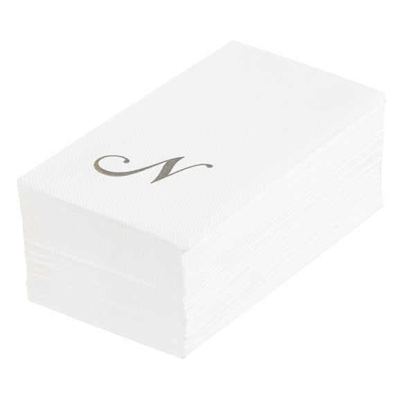 Luxenap Rectangle Gold Letter E White Paper Linen-Feel Guest Towel / Napkin - Air Laid, Cursive Font - 15 3/4" x 8" - 2000 count box