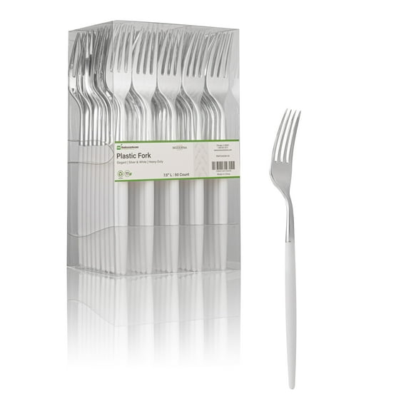 Restaurantware-Moderna 7.5 Inch Fancy Flatware, 500 Durable Plastic Flatware - With White Handle For Grip, Heavy-duty, Silver Plastic Forks, Easily Disposable Or Restaurants