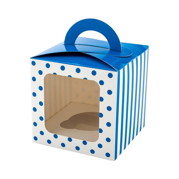 Restaurantware-Pastry Tek 4.5 Inch Individual Cupcake Boxes, 100 Polka Dots Cupcake Favor Boxes - Fits 1, With Window, Blue Paper Cupcake Gift Boxes, Built In Handle, For Weddings Or Parties