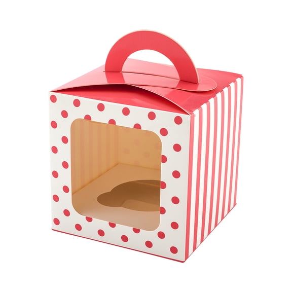 Restaurantware-Pastry Tek 4.5 Inch Individual Cupcake Boxes, 100 Polka Dots Cupcake Favor Boxes - Fits 1, With Window, Pink Paper Cupcake Gift Boxes, Built In Handle, For Weddings Or Parties
