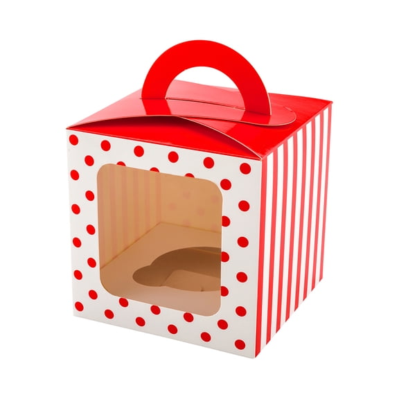 Restaurantware-Pastry Tek 4.5 Inch Individual Cupcake Boxes, 100 Polka Dots Cupcake Favor Boxes - Fits 1, With Window, Red Paper Cupcake Gift Boxes, Built In Handle, For Weddings Or Parties