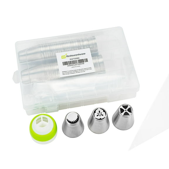 Restaurantware-Pastry Tek Russian Piping Tips Set, 17 Piece Durable Cake Decorating Kit - 6 Piping Tips, 10 Piping Bags, Stainless Steel Piping Bags And Tips Set, 1 Tri-Color Coupler,