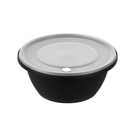 Cater Tek 51 oz Round Black Plastic Catering / Serving Bowl - with Clear Lid, Microwavable - 8" x 8" x 3 1/2" - 25 count box