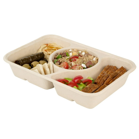 Pulp Tek 34 oz Rectangle Natural Sugarcane / Bagasse To Go Container - 2-Compartment - 9 1/2" x 6 1/4" x 1 3/4" - 100 count box