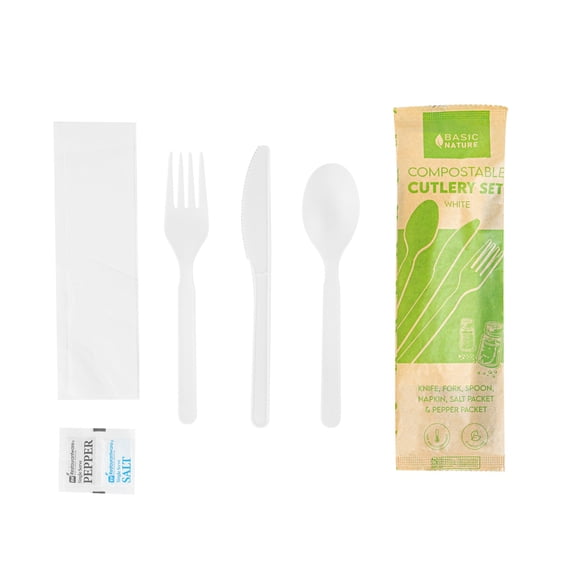 Chef 101 Black Plastic Cutlery Set - with Napkin and Salt / Pepper Packets, Extra Heavy Weight, Wrapped - 7 1/2" - 500 count box