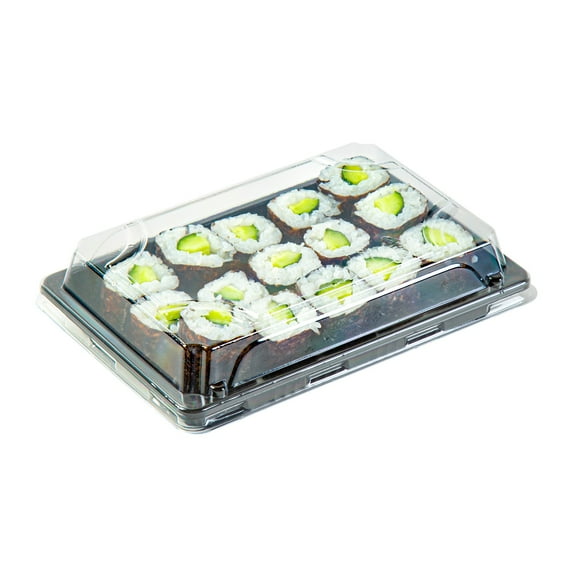 Roku Rectangle Gold Plastic Take Out Sushi Tray - with Clear Lid - 6 1/2" x 4 1/4" x 1 1/2" - 100 count box