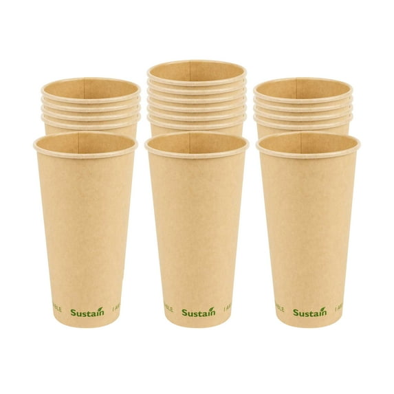 Sustain 16 oz Kraft Paper Coffee Cup - PLA Lining, Compostable, Single Wall - 3 1/2" x 3 1/2" x 5 1/2" - 50 count box