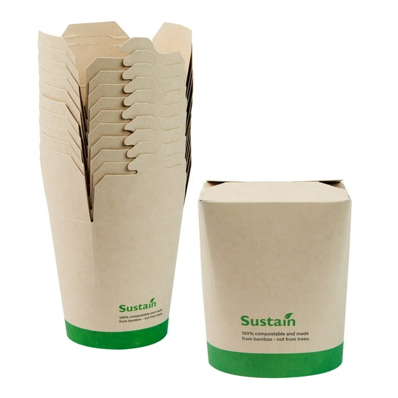 Sustain 26 oz Round Bamboo Paper Noodle Take Out Container - with PLA Lining, Compostable - 4" x 3 1/2" x 3 3/4" - 200 count box