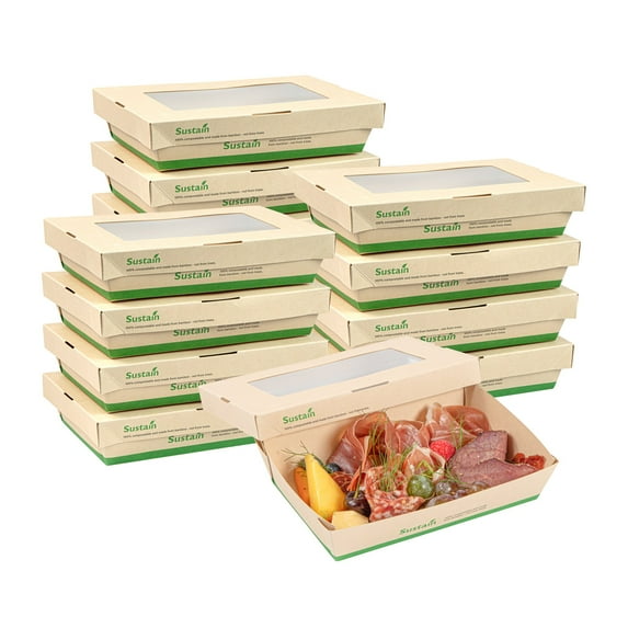 Sustain 34 oz Bamboo Paper Large Take Out Container - with PLA Lining and Window, Compostable - 8 1/2" x 5 1/4" x 1 1/2" - 50 count box