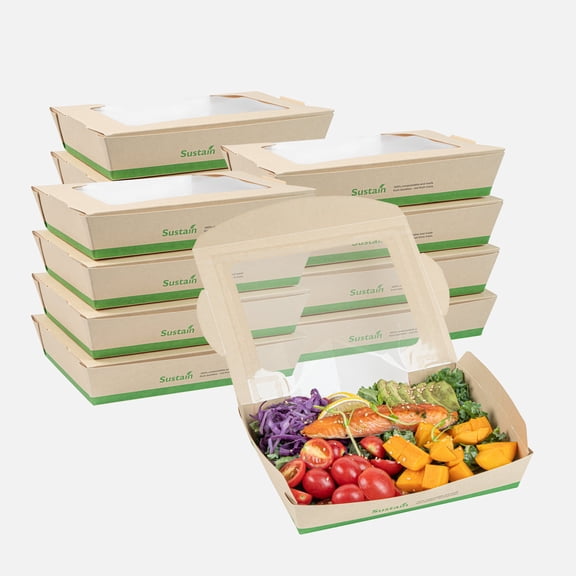 Sustain 40 oz Bamboo Paper Large Bio Salad Box - with PLA Lining and Window, Compostable - 8 1/4" x 6 1/4" x 1 1/2" - 50 count box