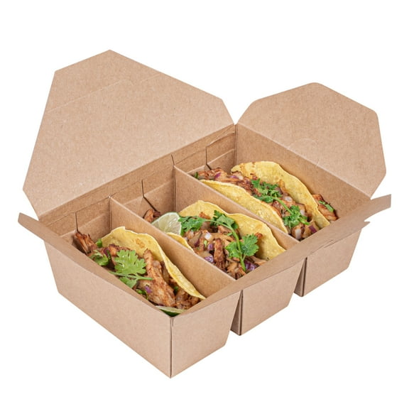 Sustain Kraft Paper Taco Take Out Container - with PLA Lining, Compostable, 3 Compartments - 7 1/2" x 5 1/2" x 2" - 100 count box