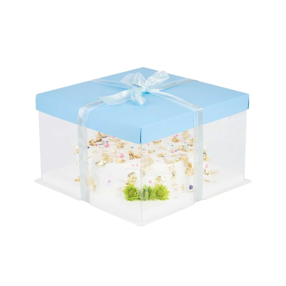Sweet Vision Square Clear Plastic Cake Box - Red Lid and White Base, Red Ribbon - 10" x 10" x 8 1/4" - 10 count box