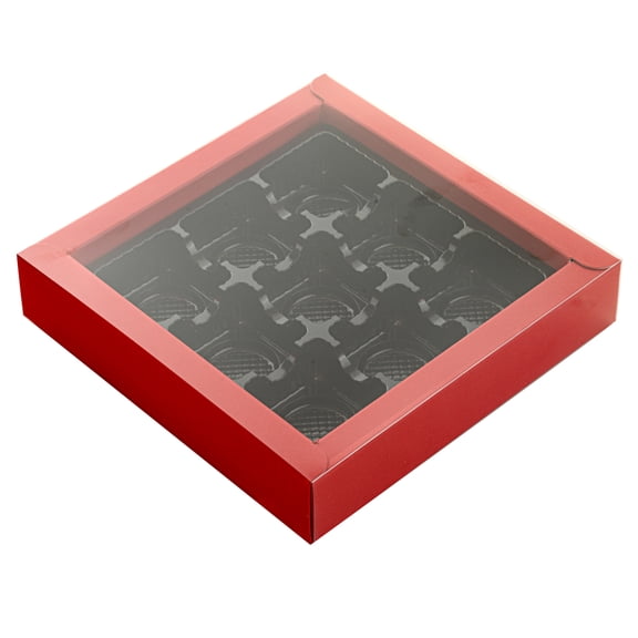 Sweet Vision Square Red Paper Candy / Chocolate Boxes - 9 Compartments - 7 1/4" x 7 1/4" x 1 1/2" - 10 count box