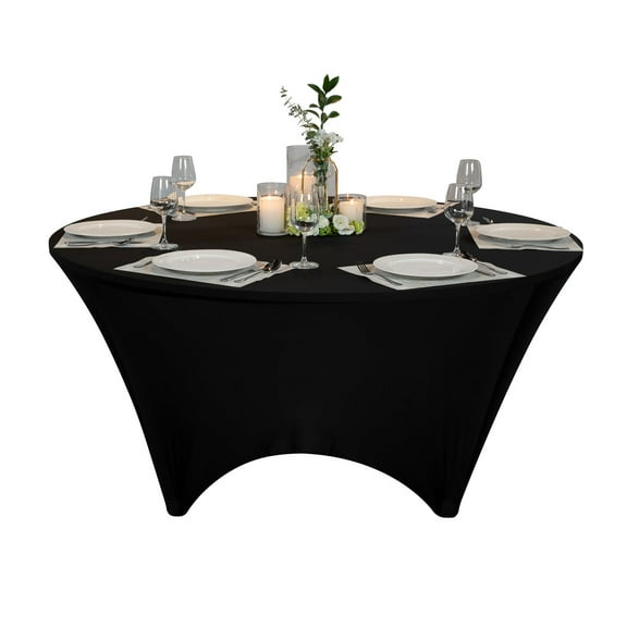 Restaurantware-Table Tek 72 x 30 Inch Round Table Covers, 10 Washable Spandex Tablecloths - Wrinkle-Free, Durable, Black Polyester Fitted Tablecloths, For Parties, Banquets, or Weddings
