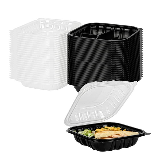 Restaurantware-Thermo Tek 54 Ounce Clamshell Containers, 50 Disposable Take Out Boxes - 3 Compartments, Ventilated Lids, Black Plastic Meal Prep Containers, Microwavable, For Pasta Or Salads