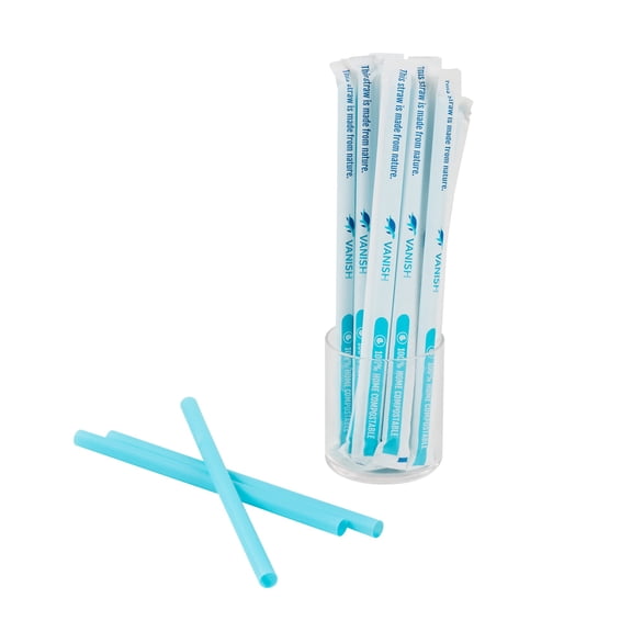 Vanish Blue PHA Plastic Straw - Wrapped, Compostable - 9" - 1000 count box