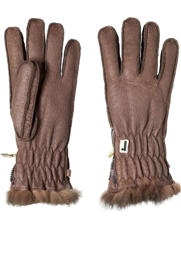 Men's Brown Peccary Opossuy Fur-Trim Gloves Brown