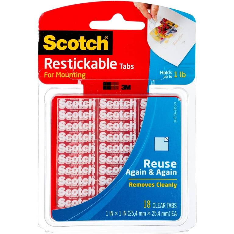 Restickable Mounting Tabs, Removable, Repositionable, Holds Up to 1 lb (4 Tabs), 1 x 1, Clear, 18/Pack