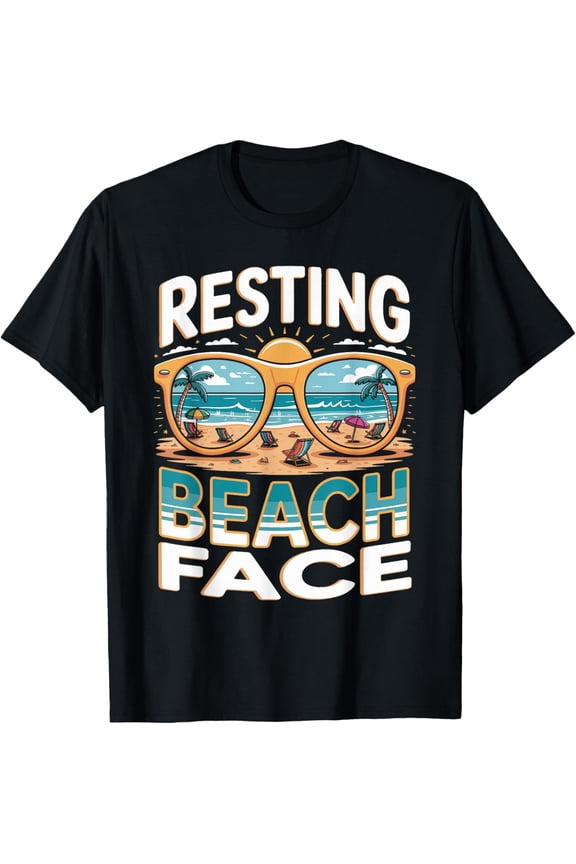 Resting Beach Face Palm Trees Ocean Retro Beach Summer T-Shirt- Classic Unisex 100% Cotton Crew Neck T-Shirt Breathable Casual Everyday Wear Affordable Graphic Free shipping t shirts