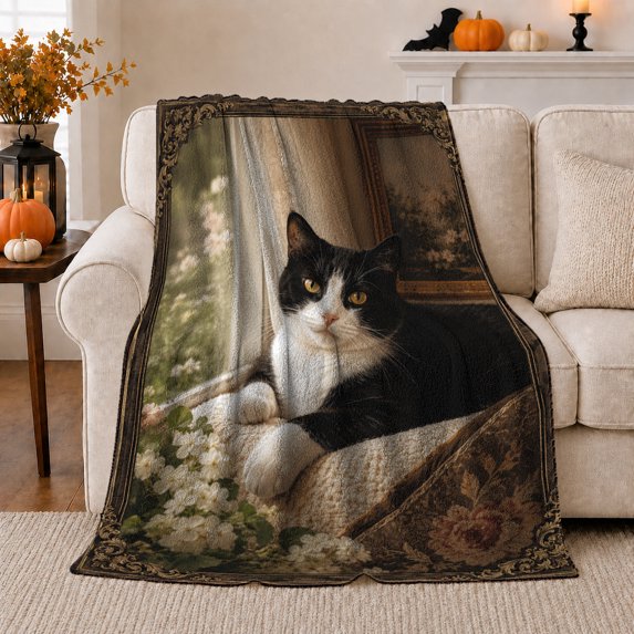 Resting Black White Cat Oil Painting autumn celebration Autumn, Cozy Pet Portrait Pattern, Warm Flannel Blanket for Living Room and Bedroom, Cat Lovers autumn celebration Gift, Pet Lover Home Decor