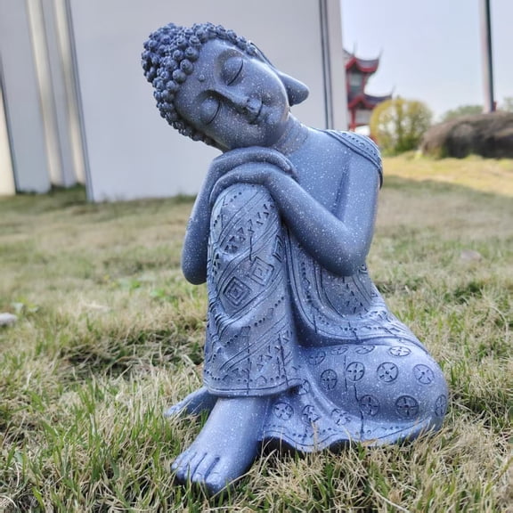Resting Buddha Statue, Resin Thinking Buddha Figurine with Gray Stone Finish, Sleeping Buddha Zen Meditation Decor for Home Garden Patio Yard Shelf, Indoor Outdoor, 11 Inch
