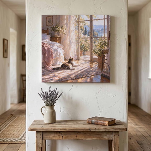 Resting Cat Canvas Wall Art Framed Wall Decor for Living Room Bedroom Bathroom, Vintage French Country Glass Door Gold Sunlit Floor Canvas Pictures Ready to Hang Decor, 8"x8"