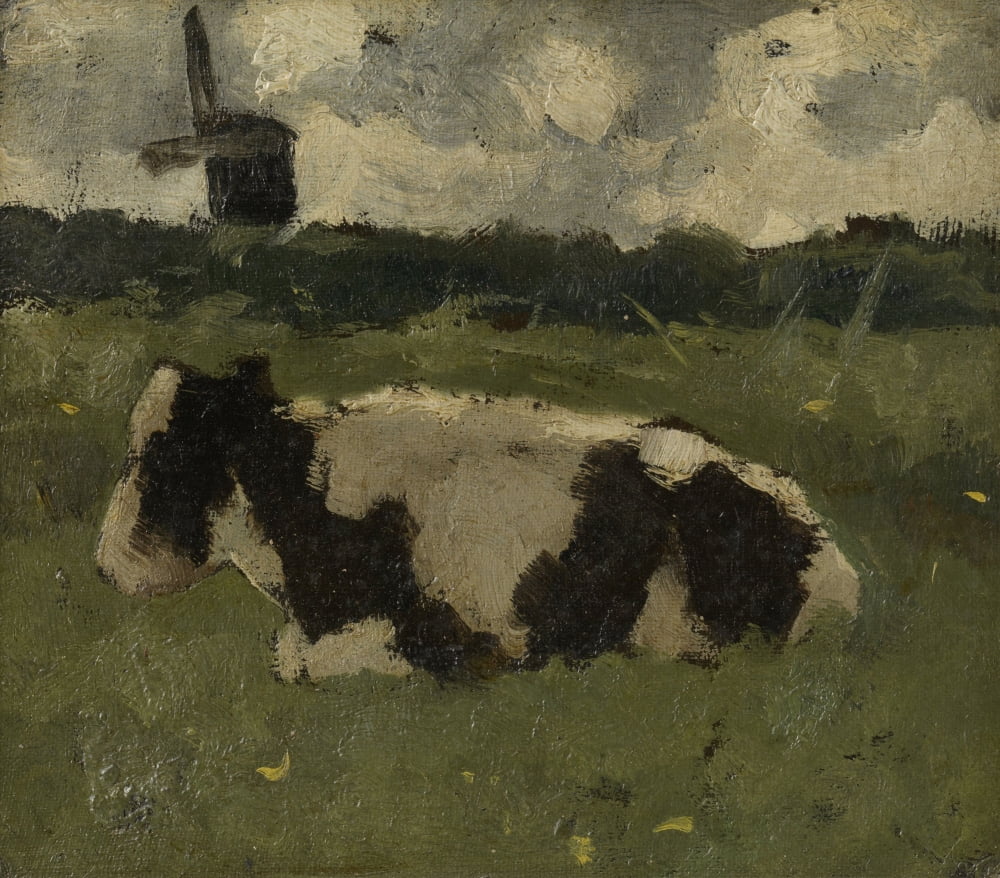 Resting Cow Near A Mill Canvas Art - (24 x 18)