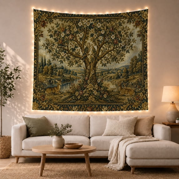 Resting Deer Beside a Winding River, Peaceful Vintage Art for Nature Lovers, Woodland Wall Art, Housewarming Gift, Tapestry Wall Hanging for Bedroom and Living Room