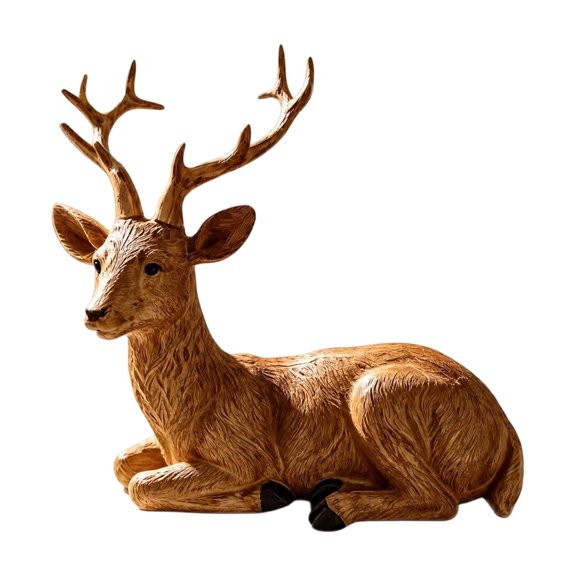 Resting Deer Figurine, Realistic Resin Buck Sculpture with Detailed Antlers & Wood Tone Finish, Natural Tabletop Decor for Shelf, Desk & Mantel