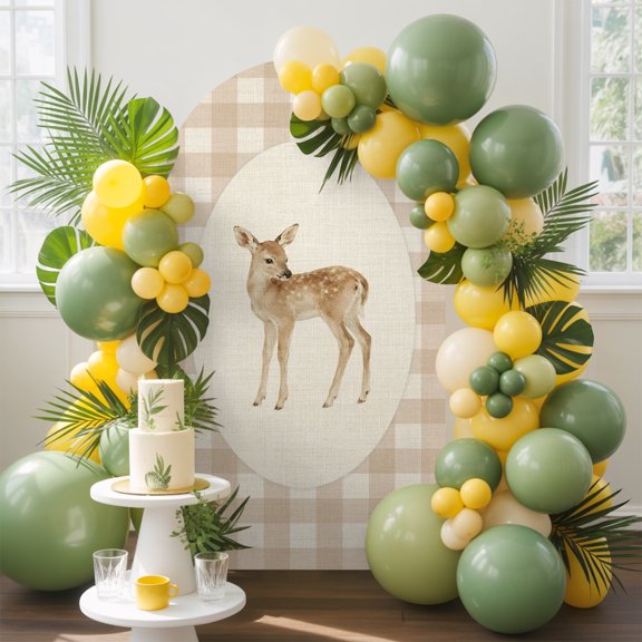 Resting Fawn Arch Backdrop Cover, 4FT, Retro Natural Fawn Linen Plaid Spandex Arch Covers Double-Sided Backdrop for Wedding Birthday Party Photo Background Decoration
