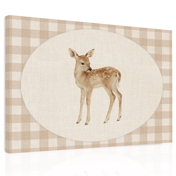 Resting Fawn Canvas Print Wall Art, Retro Natural Fawn Linen Plaid Wall Decor Framed Artwork Paintings Pictures for Living Room Bedroom Stretched Ready to Hang, 24" x 32"