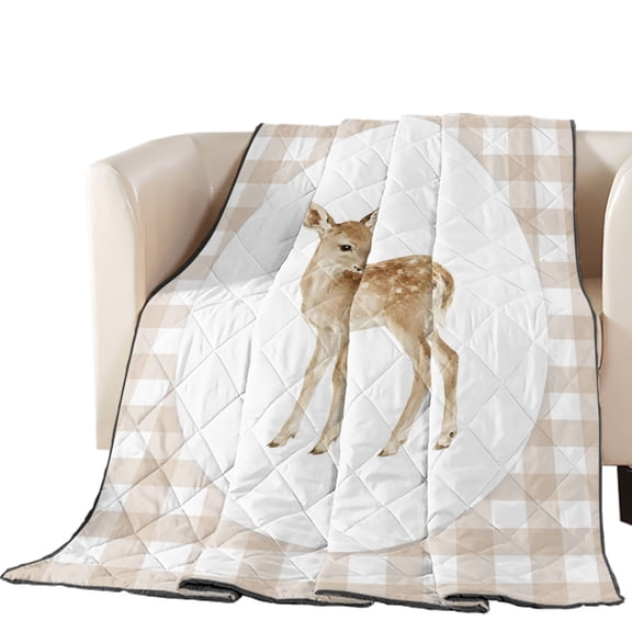 Resting Fawn Quilted Comforters Cooling Blanket Queen Size, Retro Natural Fawn Khaki Plaid Cold Comfort for Hot Sleepers Lightweight Air Conditioning Quilt Blanket for Bed