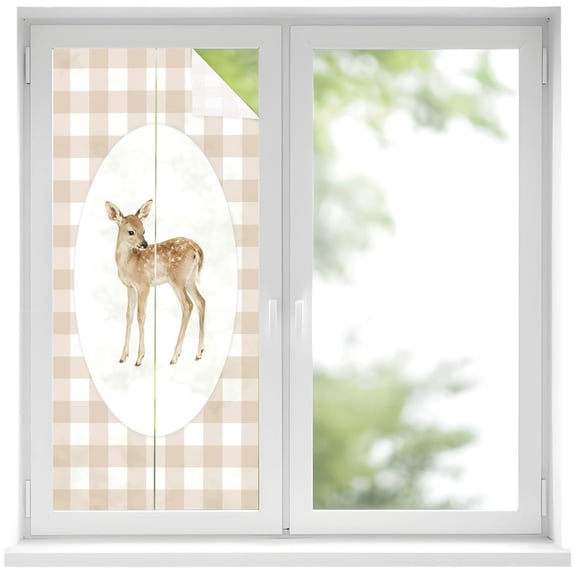 Resting Fawn Window Privacy Film, Retro Natural Fawn Khaki Plaid Frosted Glass Window Clings Static Cling UV Heat Blocking Reusable Door Sticker for Bathroom 19.6 x 39.3 Inch